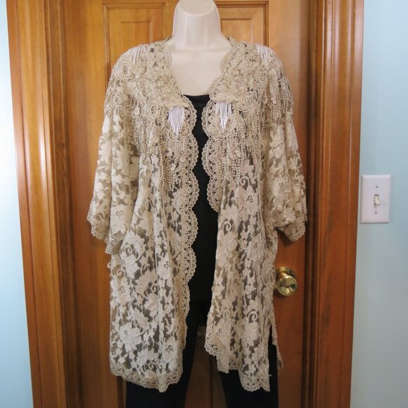 Pat Dahnke Handmade Ivory/Tan Lace Cardigan Kimono BeadedTexas Luxury One Size - Picture 10 of 11